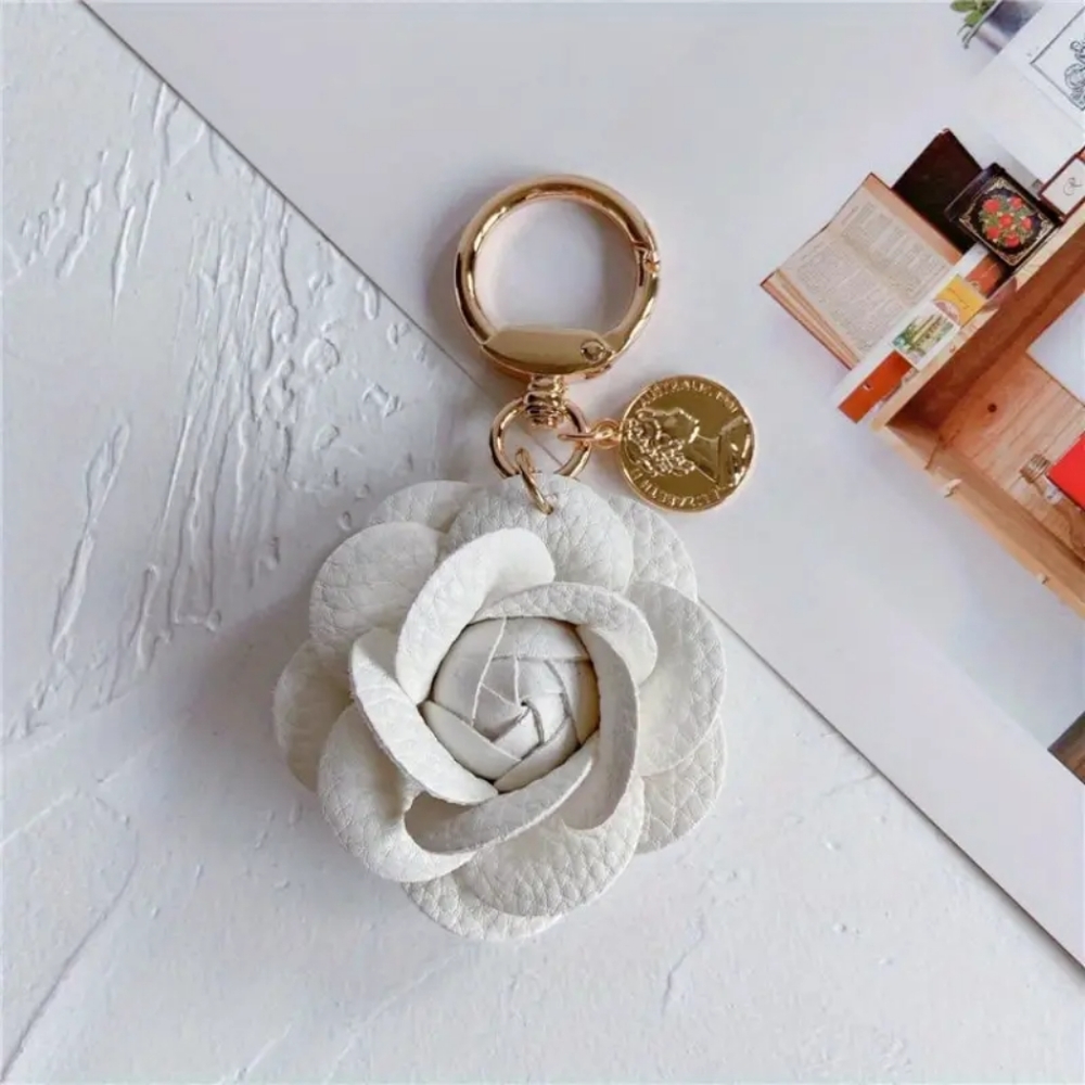 NWT White Leather Camellia Bag or Key Charm
